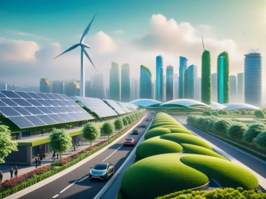 Vista detallada de ciudad eco con techos verdes, paneles solares y turbinas eólicas