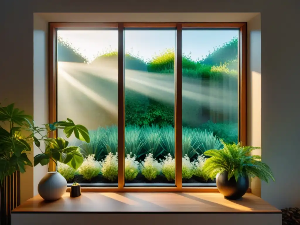 Vista detallada de ventana triple vidrio, eficiencia térmica en acristalamiento eco, luz natural en hogar moderno y sostenible