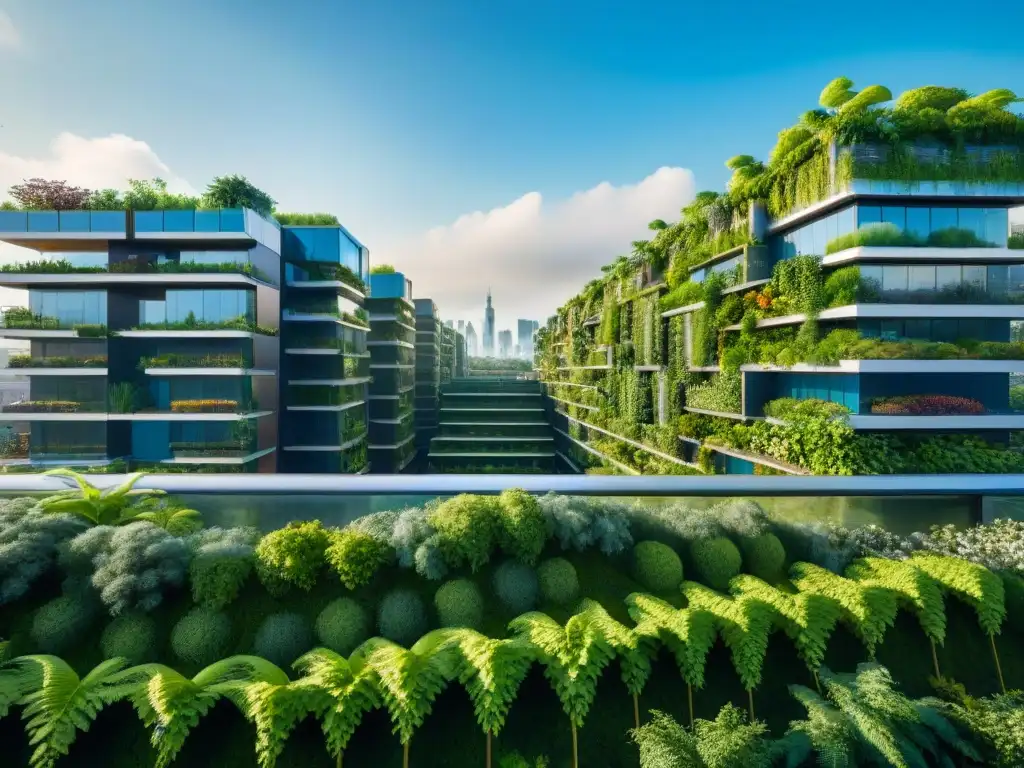 Vista futurista de ciudad eco-sostenible con diseño arquitectónico urbano integrado en la naturaleza