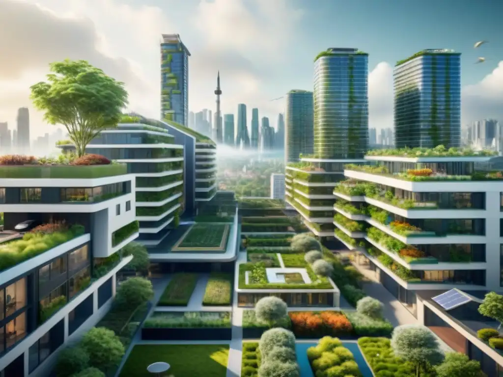 Vista futurista de una ciudad con edificios positivamente verdes certificados en armonía con la naturaleza y tecnología avanzada