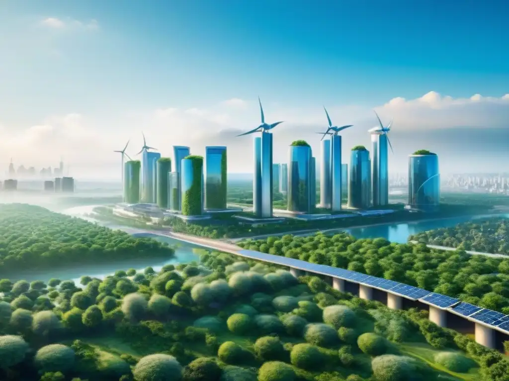 Vista futurista de ciudad sostenible: edificios ecoamigables, vehículos eléctricos y armonía tecnológica