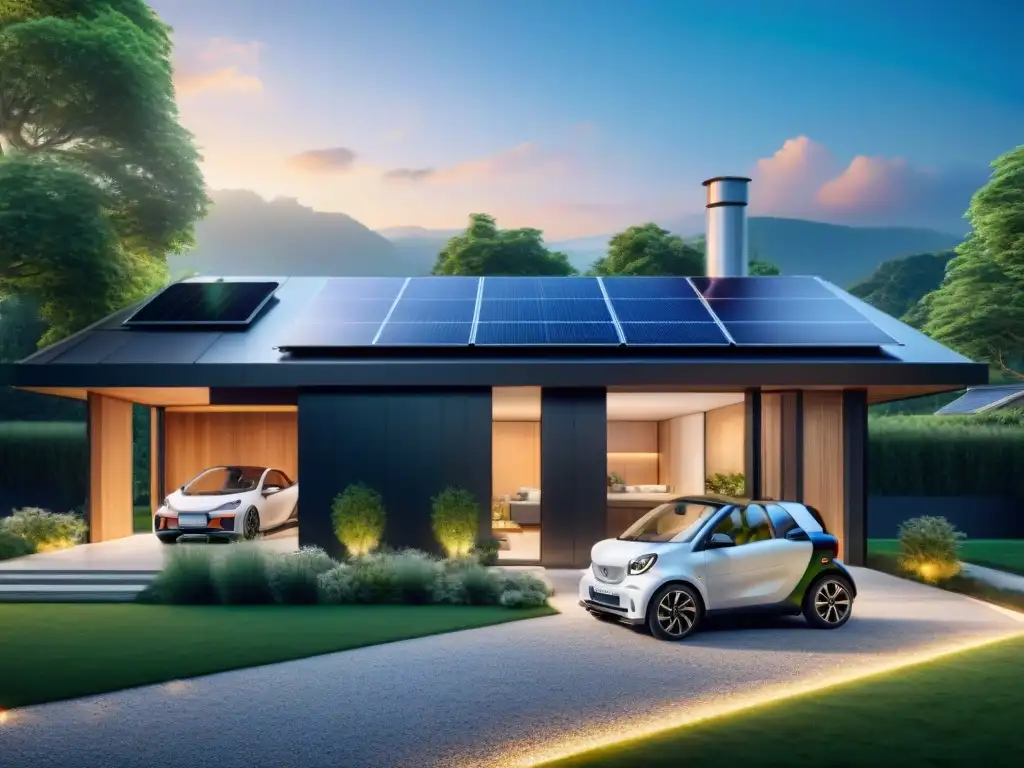 Vista de un hogar moderno ecológico con paneles solares, turbina eólica y auto eléctrico cargándose