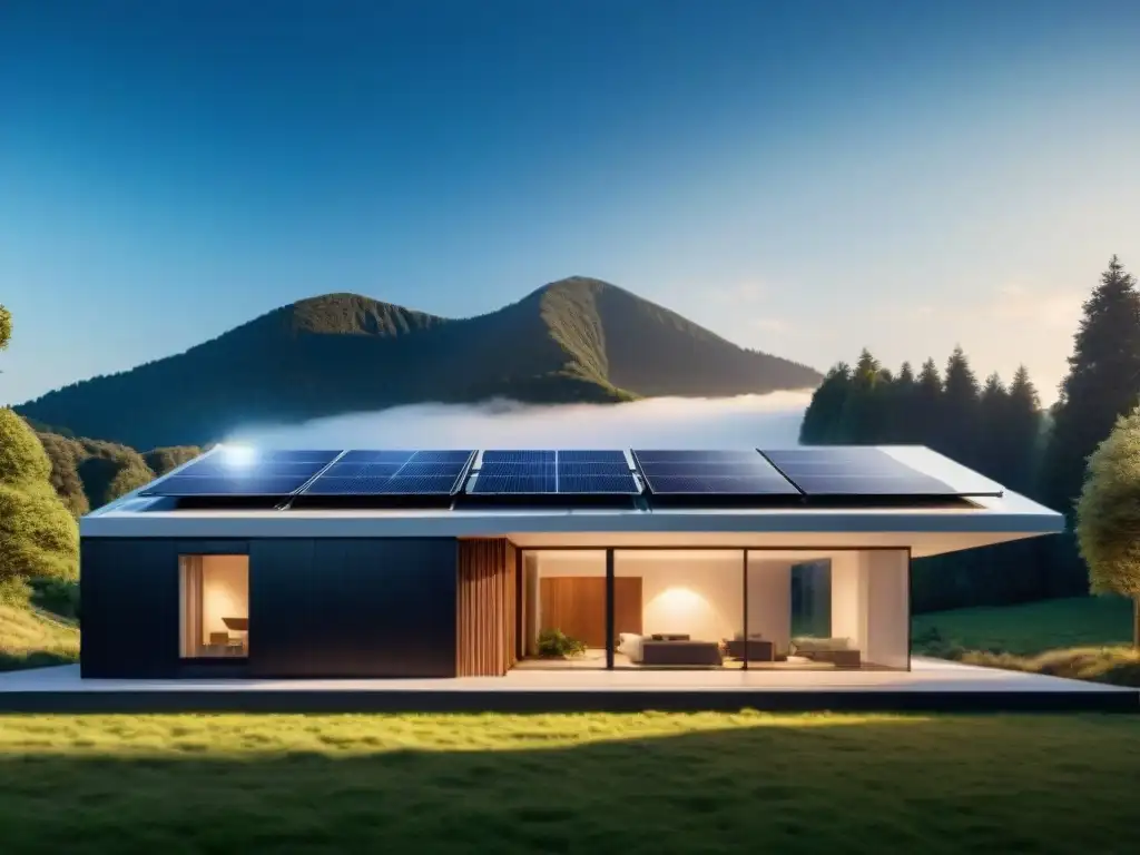 Vista impresionante de casa moderna con paneles solares integrados en el techo, resaltando los beneficios de la arquitectura solar