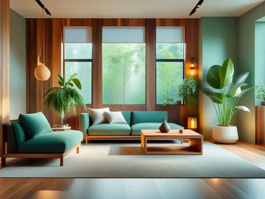 Vista impresionante de interiorismo sostenible: diseño ecológico en sala luminosa con muebles de madera recuperada y plantas verdes