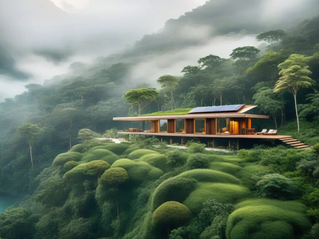 Resort ecológico: arquitectura sostenible en la naturaleza Una vista impresionante de un moderno resort ecológico en un bosque verde, con diseño sostenible integrado en la naturaleza
