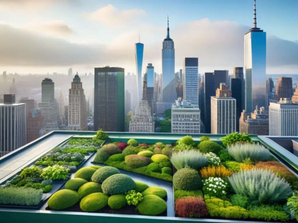 Vista panorámica de Nueva York con azoteas verdes en contraste con la ciudad urbana