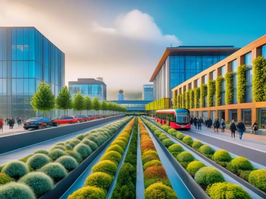 Vista panorámica de una calle urbana con edificios sostenibles, vegetación, peatones, bicicletas, transporte eléctrico y parque con energía renovable