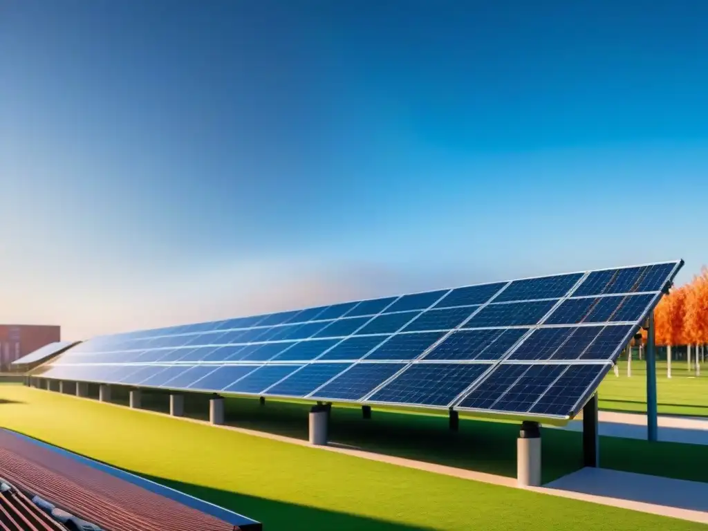 Vista panorámica de un campus universitario con paneles solares en los techos, bajo un cielo azul