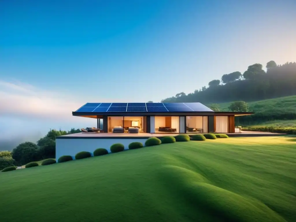 Vista panorámica de una casa moderna y sostenible con sistema de energía geotérmica, paneles solares, vegetación exuberante y cielo azul