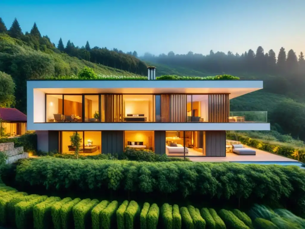 Vista panorámica de una casa ecológica rodeada de vegetación, con aislamiento térmico y paneles solares al atardecer