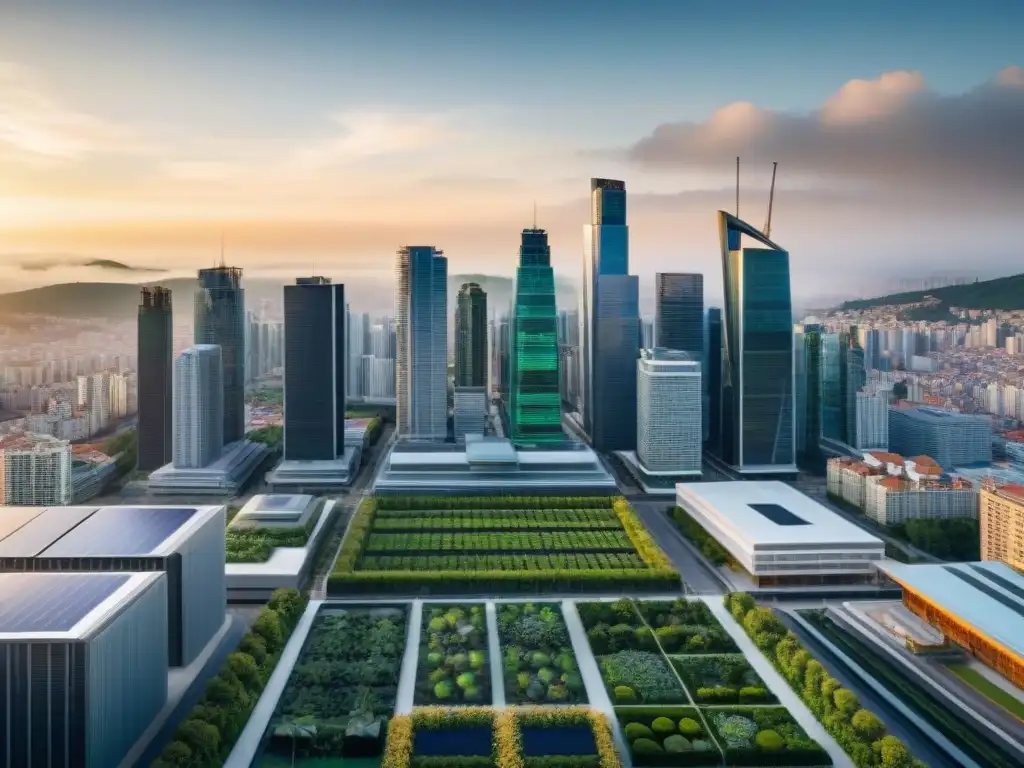 Vista panorámica de la ciudad con arquitectura sostenible y obstáculos legales en construcción ecofriendly