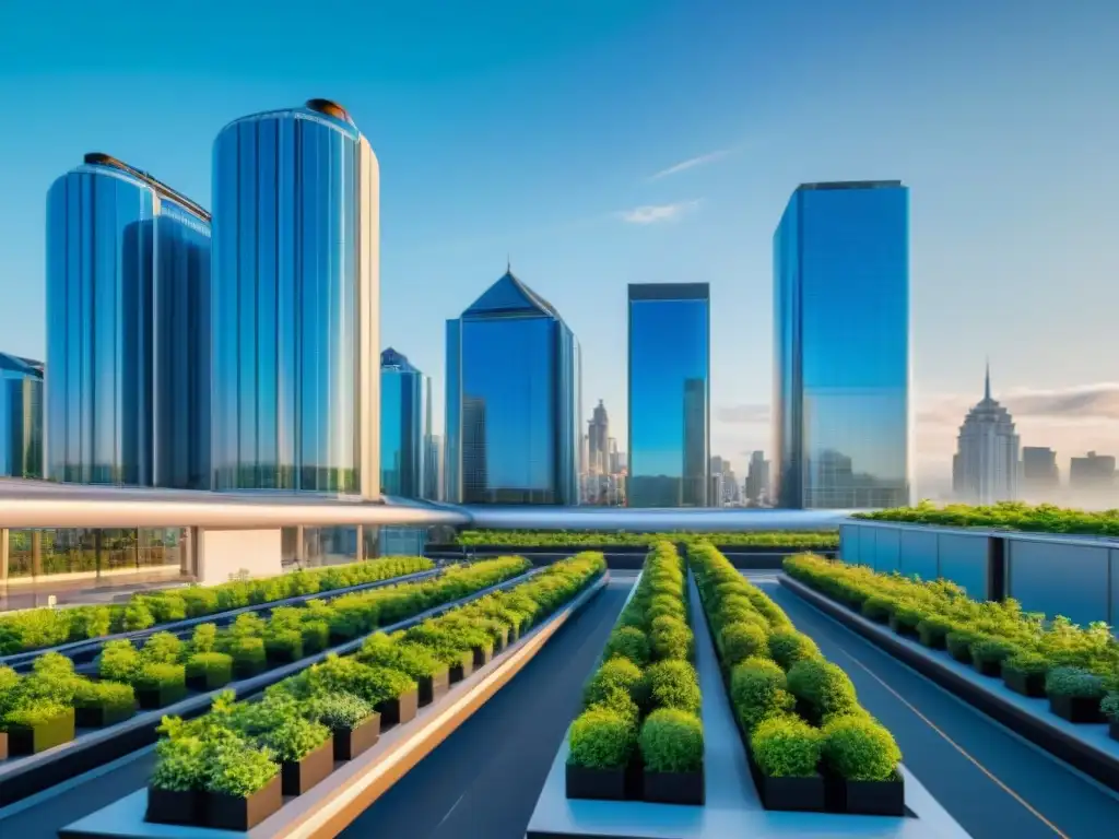 Vista panorámica de ciudad con marketing verde estrategias optimizar datos en edificios con jardines y paneles solares