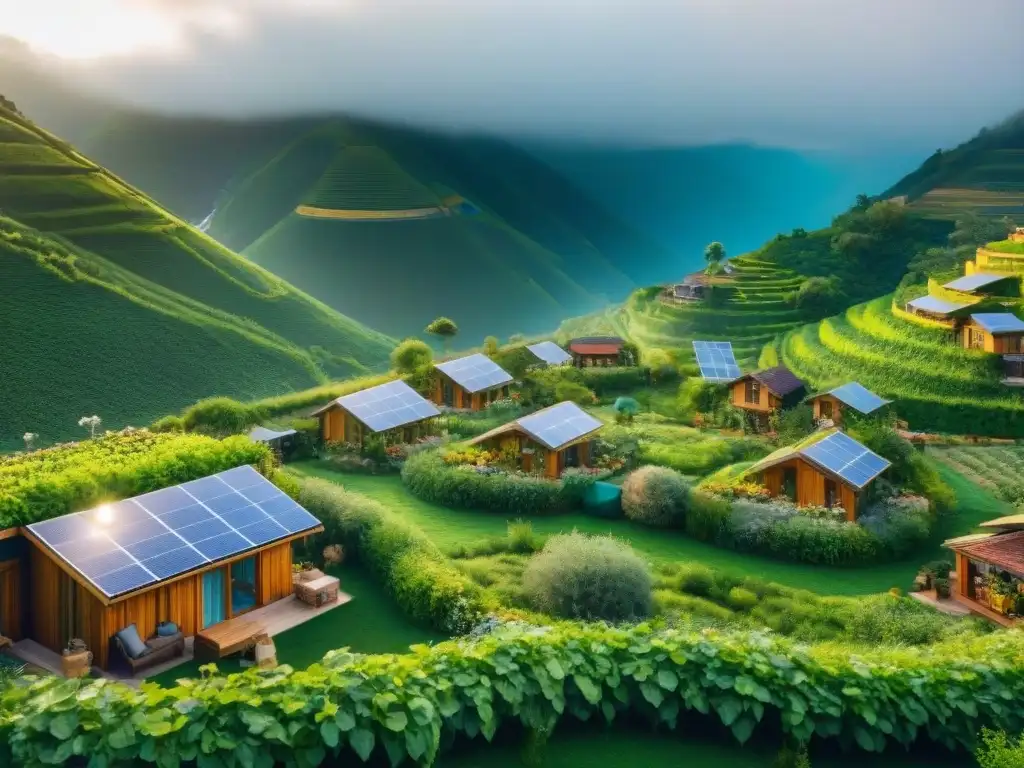 Una vista panorámica de una eco aldea sostenible en un valle verde, con técnicas innovadoras de bioconstrucción como techos vivos y paneles solares