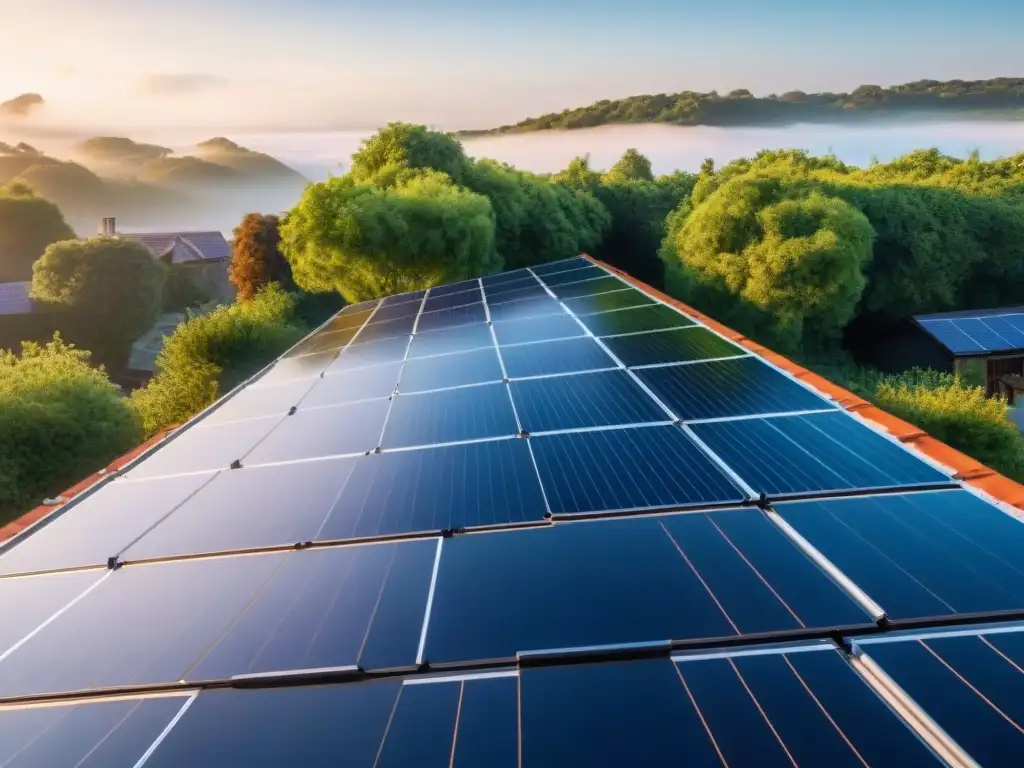 Panel solar: energía limpia y sostenible bajo el sol Vista panorámica de paneles solares en un tejado soleado, reflejando la luz del sol con árboles verdes y cielo azul