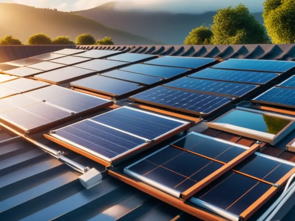 Vista panorámica de tejado residencial con paneles solares modernos, reflejando luz solar