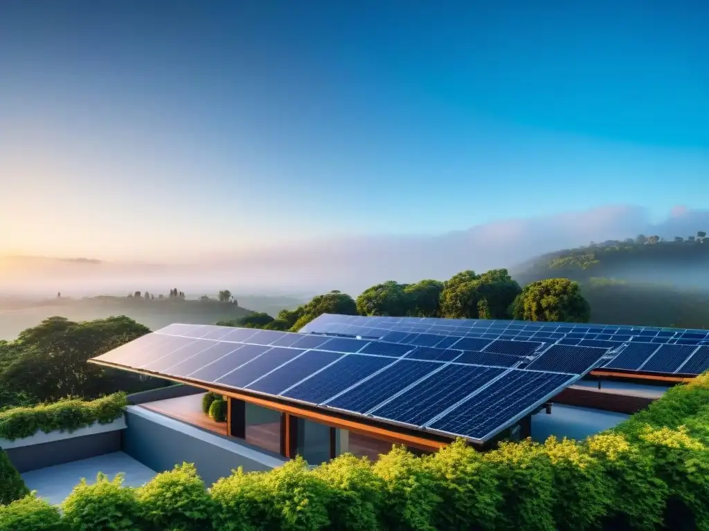 Una vista panorámica de un tejado residencial con paneles solares relucientes bajo el sol, rodeado de vegetación exuberante y cielos azules