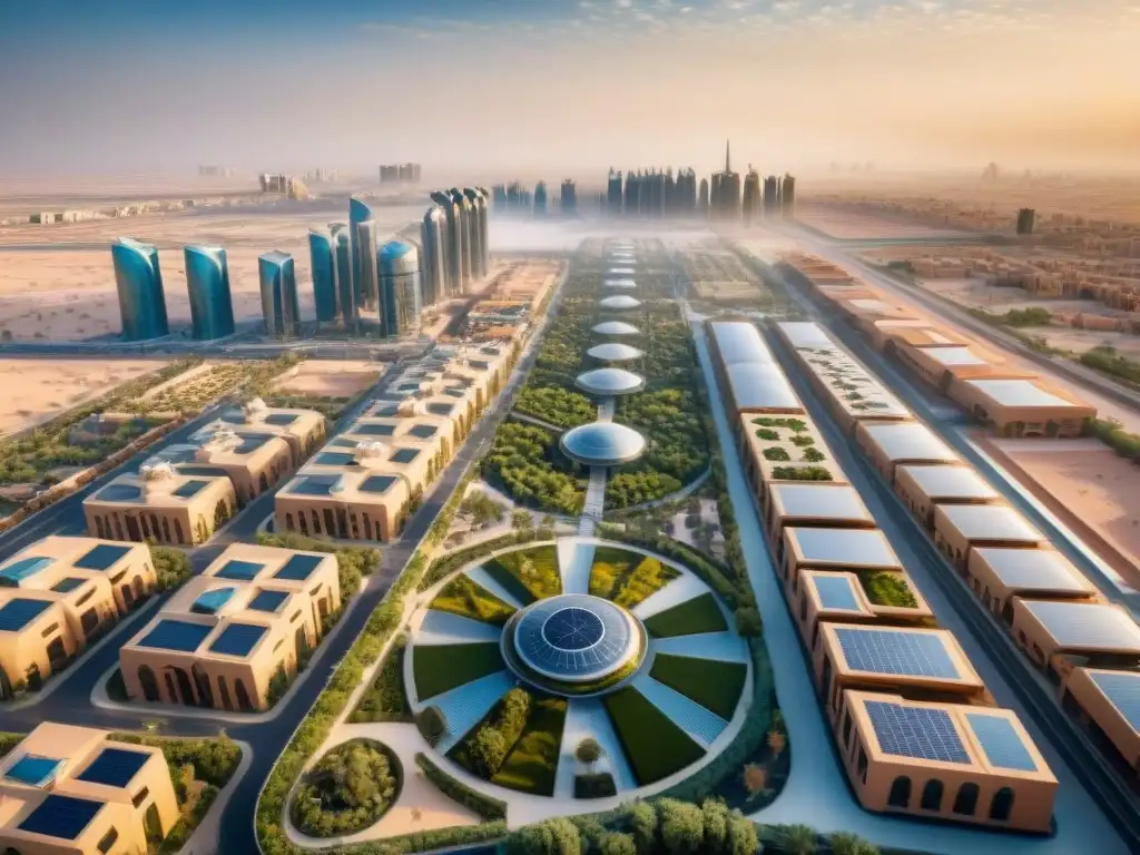 Vista panorámica de Masdar City en Abu Dhabi, con diseño urbano innovador y tecnologías de energía renovable, ciudades sostenibles en Abu Dhabi