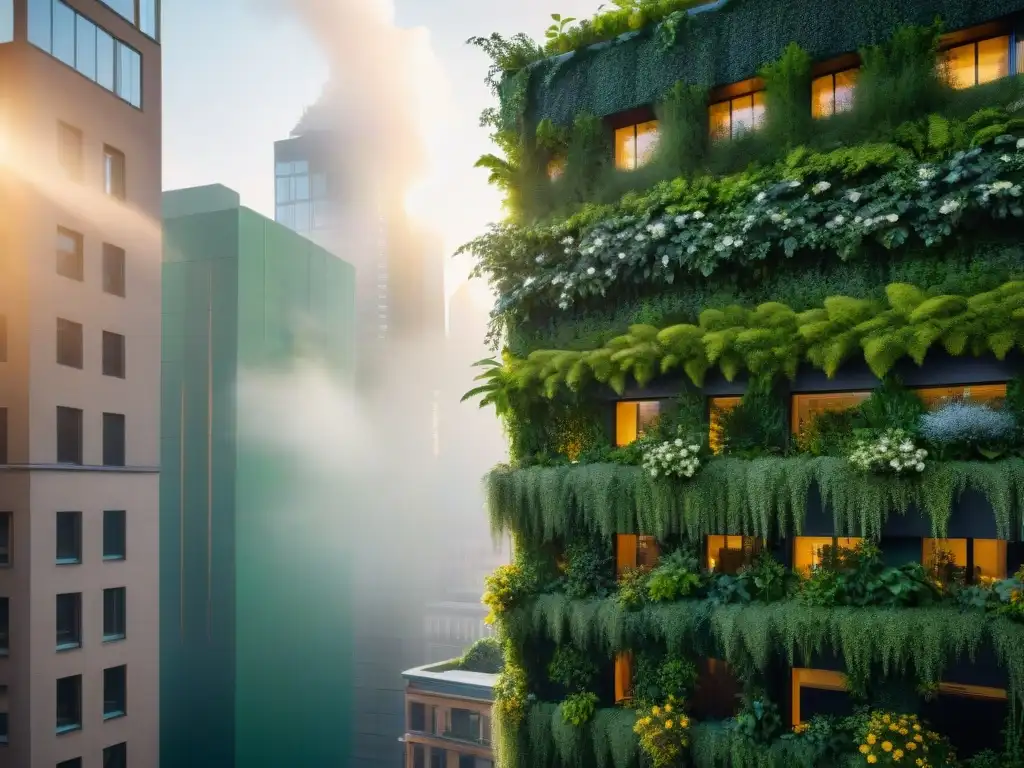 Vista urbana con muros vivos, plantas y arquitectura sostenible al atardecer