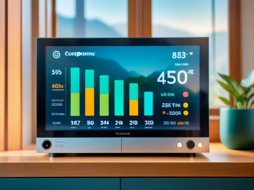 Visual futurista de dispositivo inteligente mostrando datos de consumo energético en tiempo real, con gráficos coloridos proyectados en pantalla transparente, en sala moderna con electrodomésticos eficientes y paneles solares