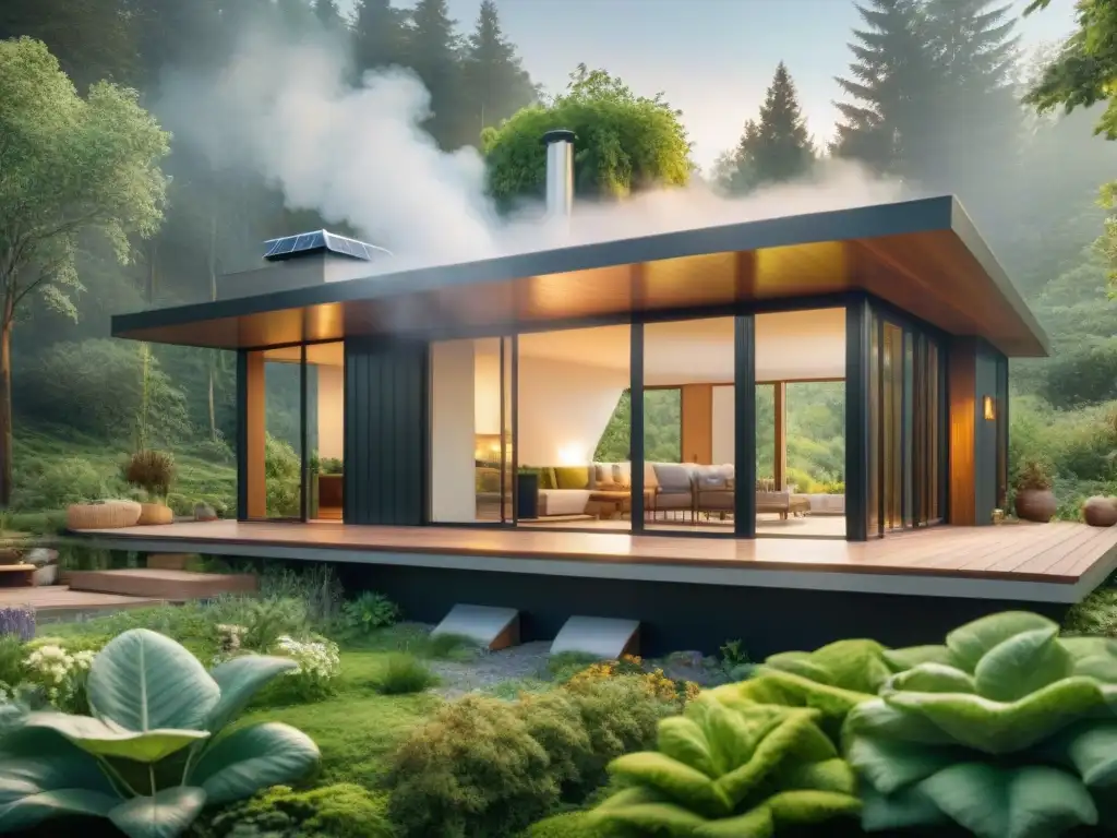 Vivienda autosuficiente en el bosque con paneles solares, diseño ecológico y jardín, fusionando naturaleza y sostenibilidad