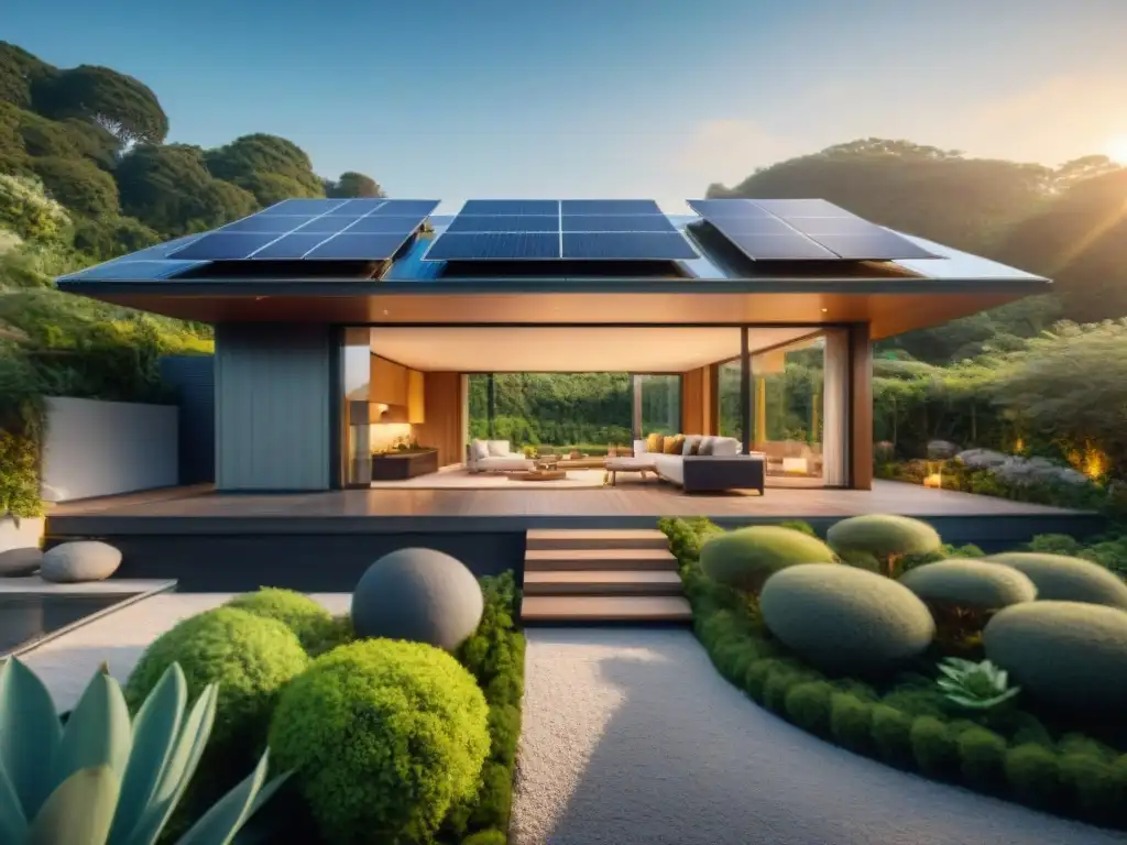 Vivienda autosuficiente con diseño ecológico, paneles solares, naturaleza y arquitectura en armonía bajo la luz del sol poniente