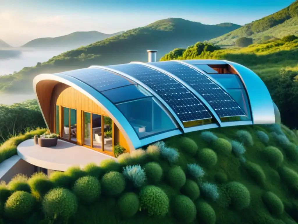 Vivienda autosuficiente con diseño ecológico rodeada de naturaleza exuberante y paneles solares, en armonía con la sostenibilidad