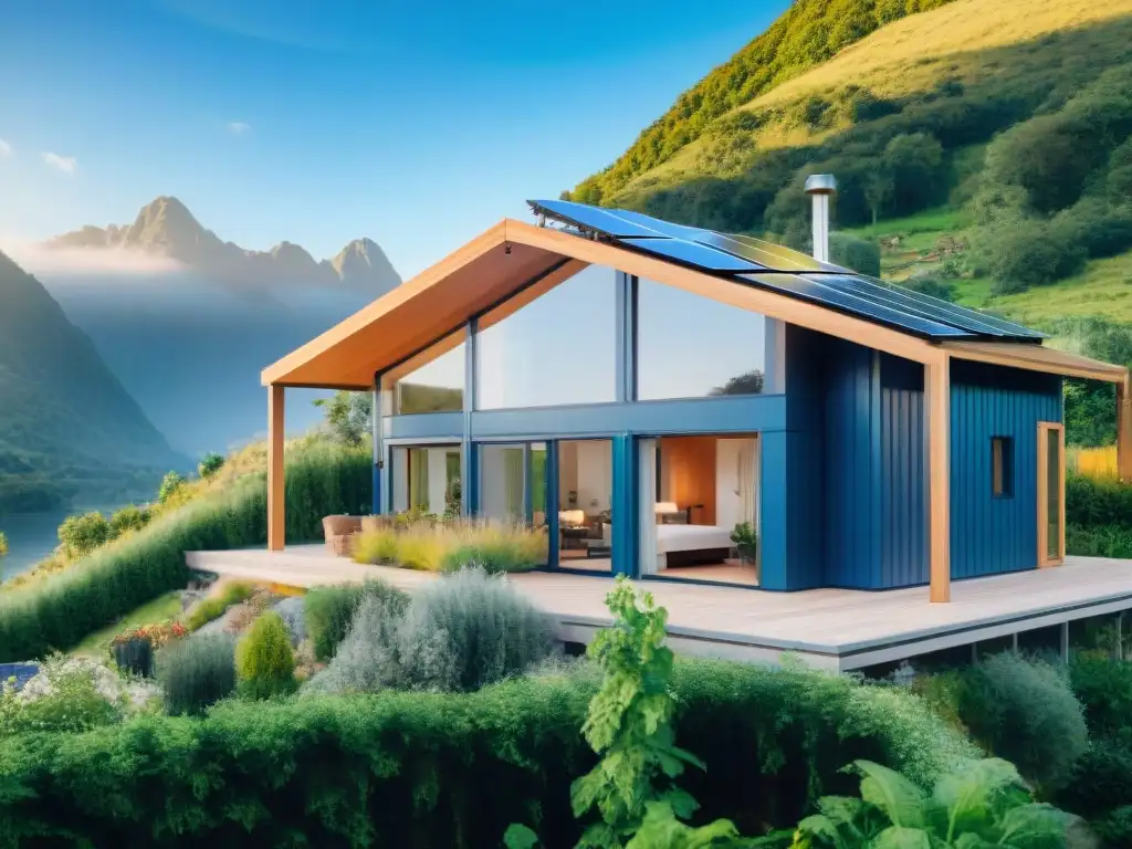 Vivienda autosuficiente rodeada de naturaleza y paneles solares, refutando mitos