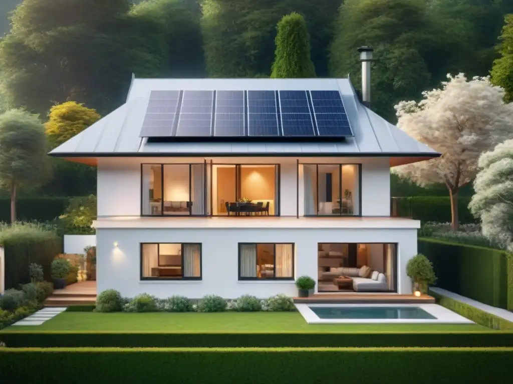 Vivienda de bajo consumo energético con paneles solares, jardín verde y tecnología inteligente