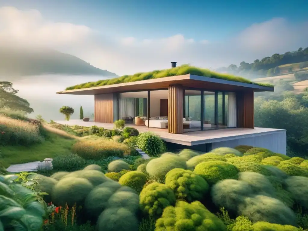 Vivienda bioclimática integrada en la naturaleza, con grandes ventanales, paneles solares y sistema de captación de agua de lluvia