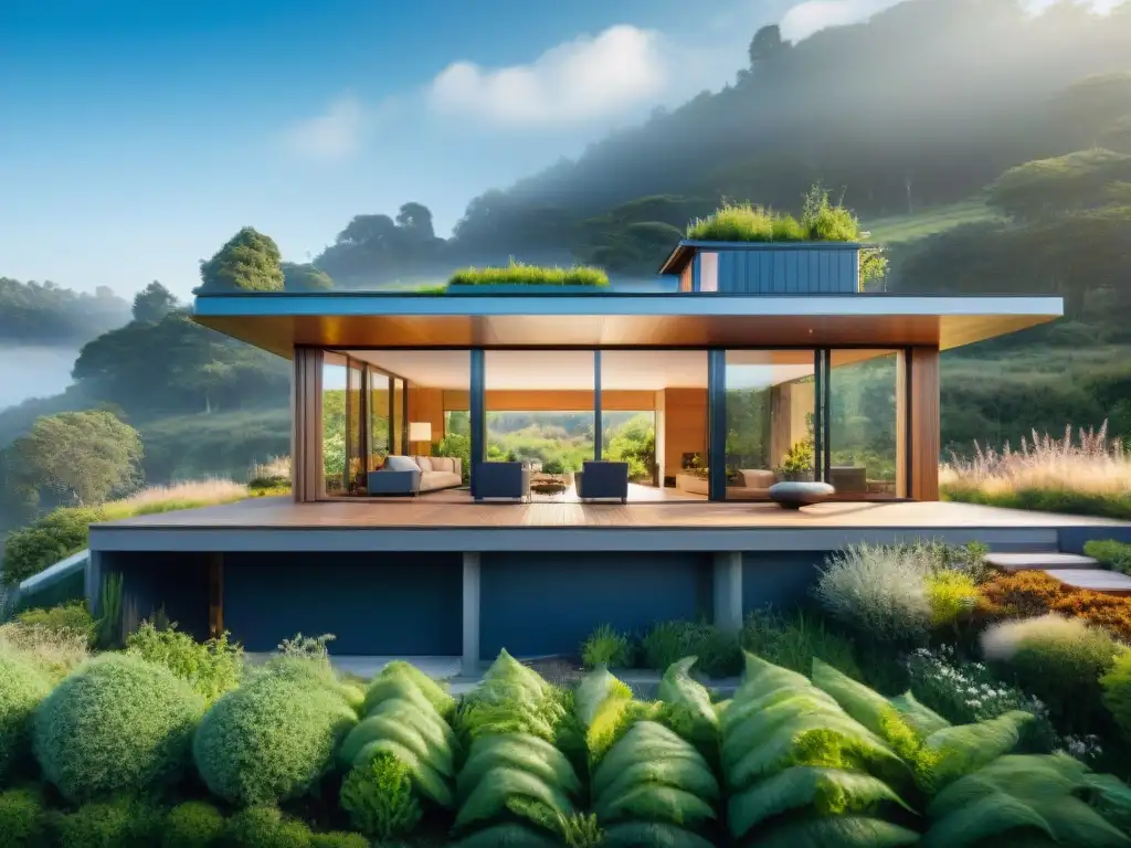 Vivienda bioclimática integrada en la naturaleza, con paneles solares y jardín