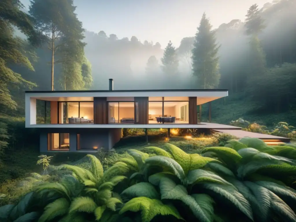 Vivienda bioclimática en armonía con la naturaleza: casa ecológica rodeada de un exuberante bosque vivo