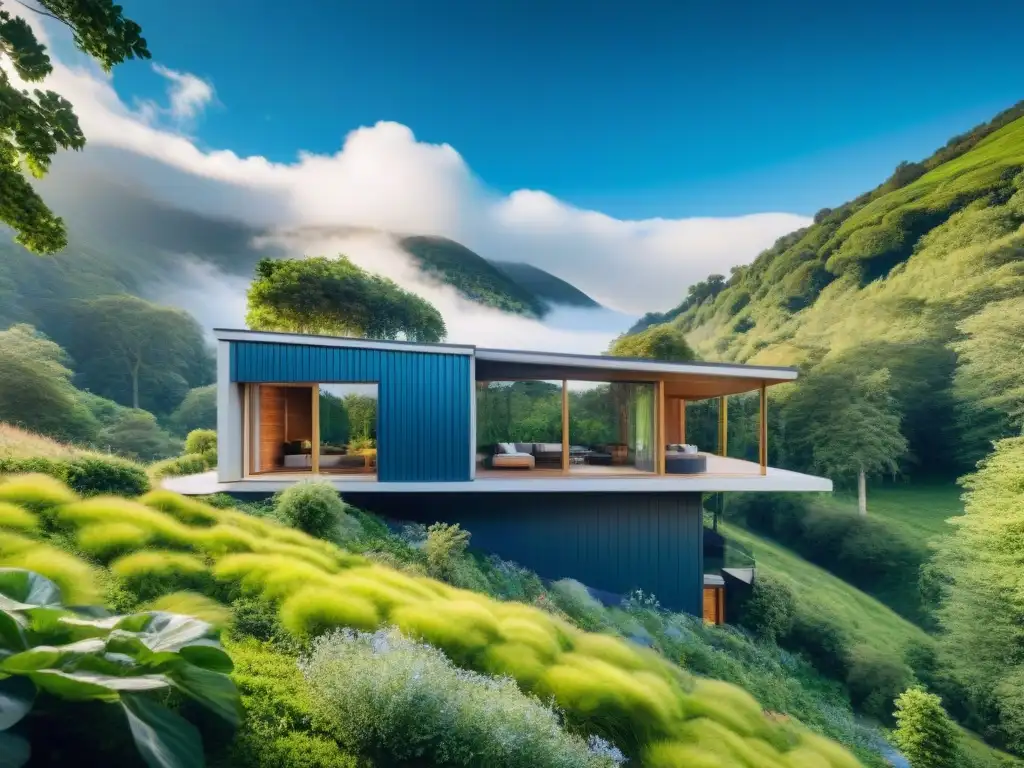 Vivienda bioclimática en valle verde con árboles altos, paneles solares y tejado verde