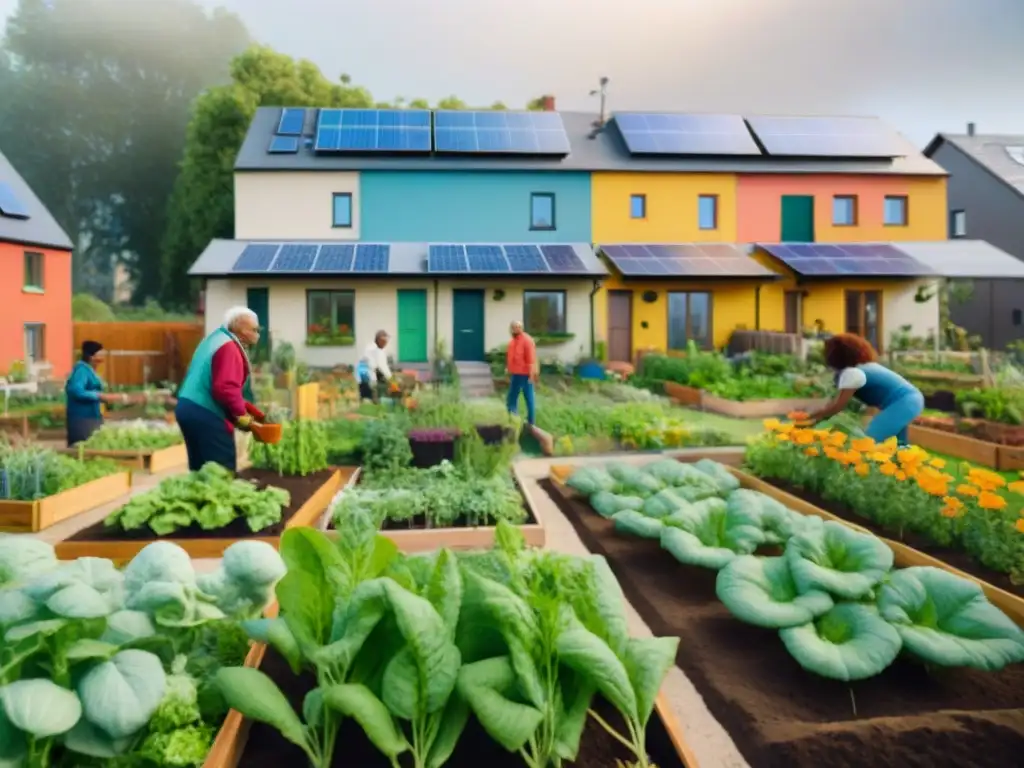 Vivienda cooperativa sostenible y comunitaria: Personas de todas las edades trabajan felices en un jardín comunitario lleno de vida