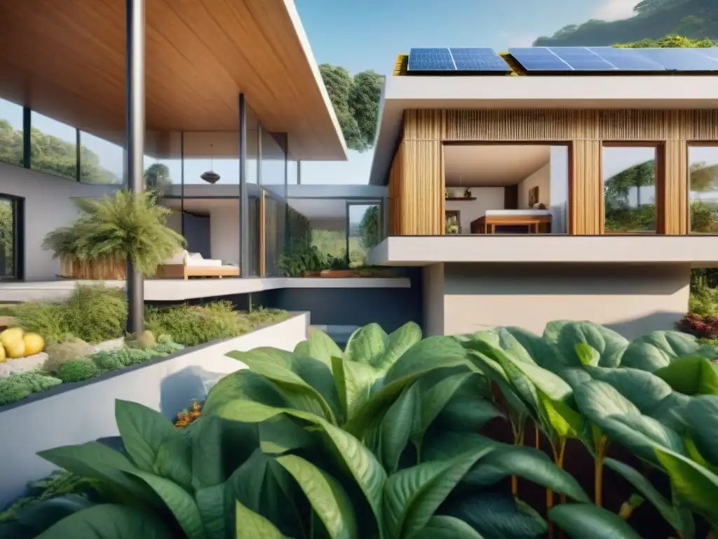 Vivienda eco moderna con certificaciones eficiencia energética construcción eco, rodeada de vegetación exuberante y tecnología sostenible