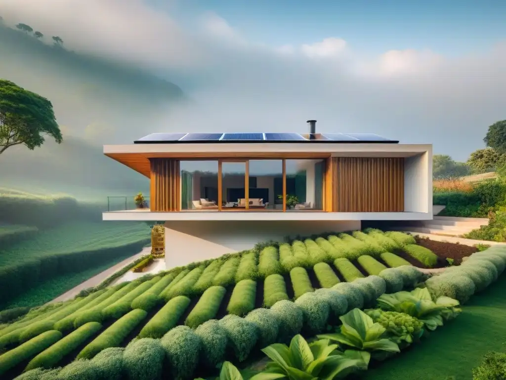 Vivienda ecoamigable con arquitectura sostenible respetuosa con el planeta rodeada de naturaleza exuberante