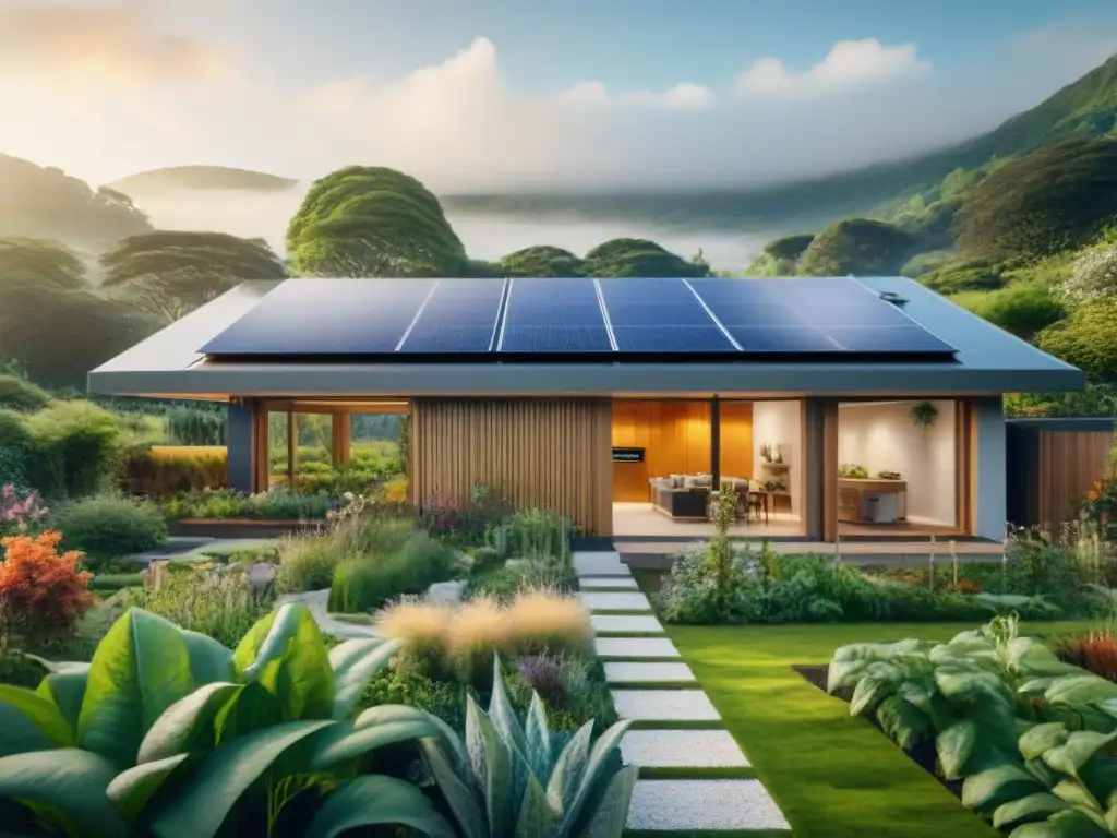 Vivienda ecoamigable con paneles solares, muros verdes y jardín sostenible