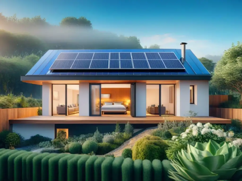 Vivienda ecoamigable con paneles solares, rodeada de vegetación y cielo azul