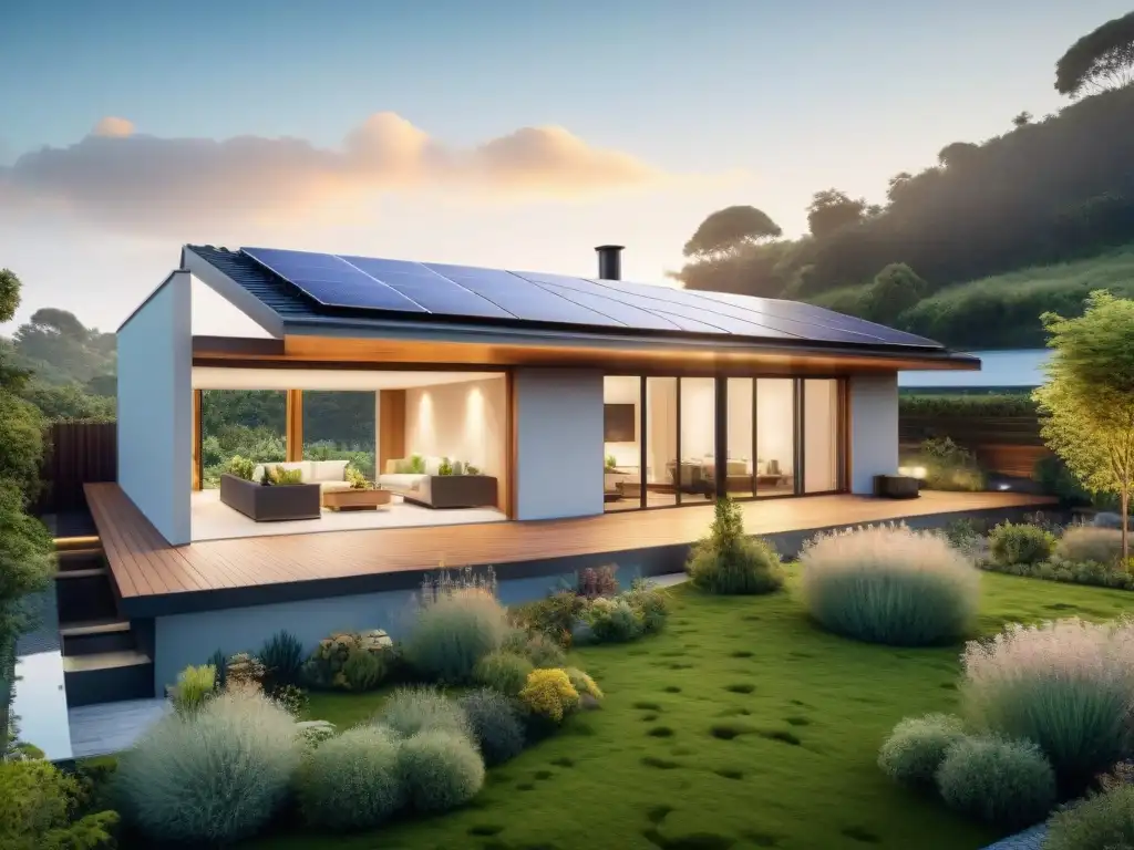 Vivienda ecoamigable con paneles solares, techos verdes y jardín nativo