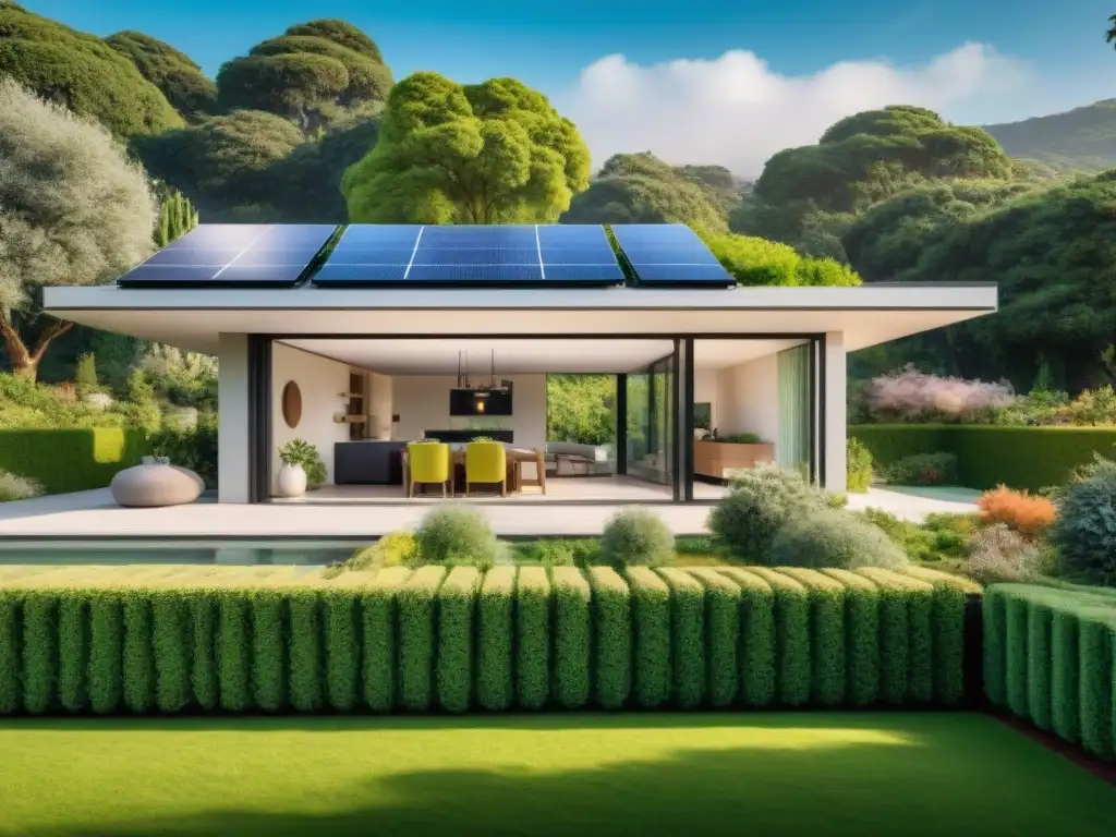 Vivienda ecoeficiente con paneles solares, jardín verde y luz natural