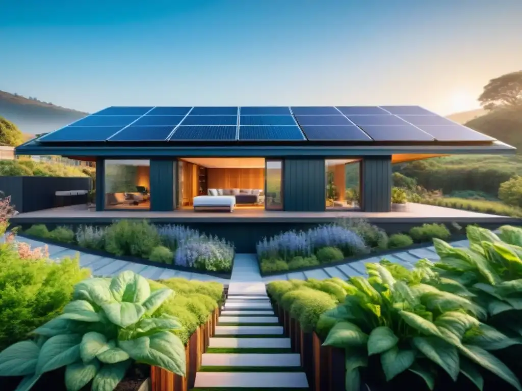 Vivienda ecológica con adaptaciones verdes: paneles solares, recolector de agua, jardín nativo y ventanas eficientes