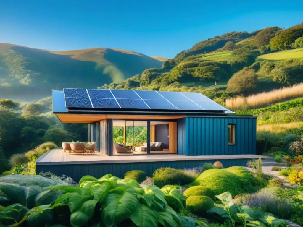 Una vivienda ecológica en armonía con la naturaleza, con paneles solares relucientes y jardín vegetal