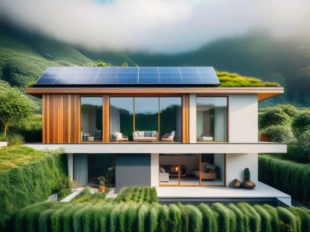 Vivienda ecológica con paneles solares y vegetación exuberante, integrando armoniosamente naturaleza y tecnología