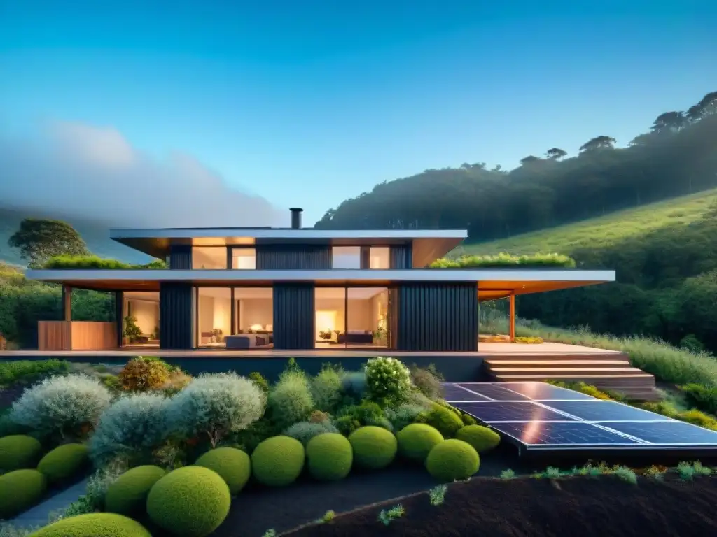 Vivienda ecológica con paneles solares, tejado verde y ventanales, rodeada de naturaleza