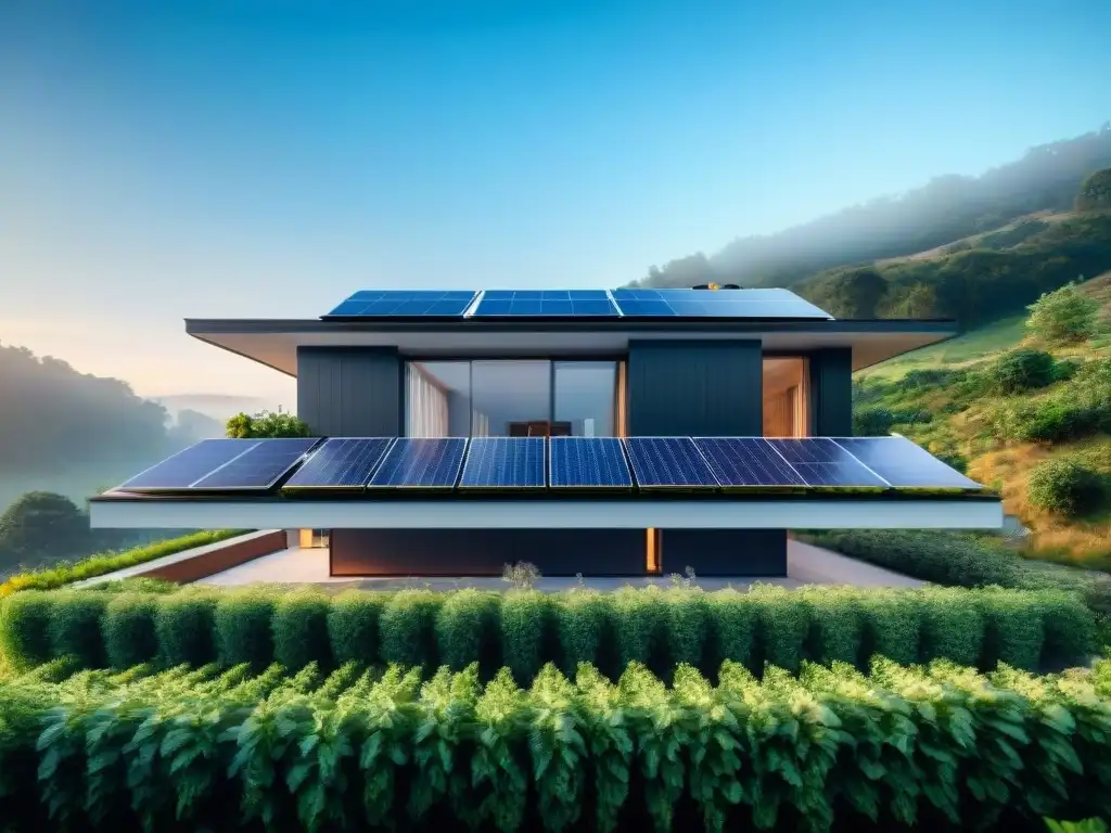 Vivienda ecológica con paneles solares, rodeada de naturaleza exuberante