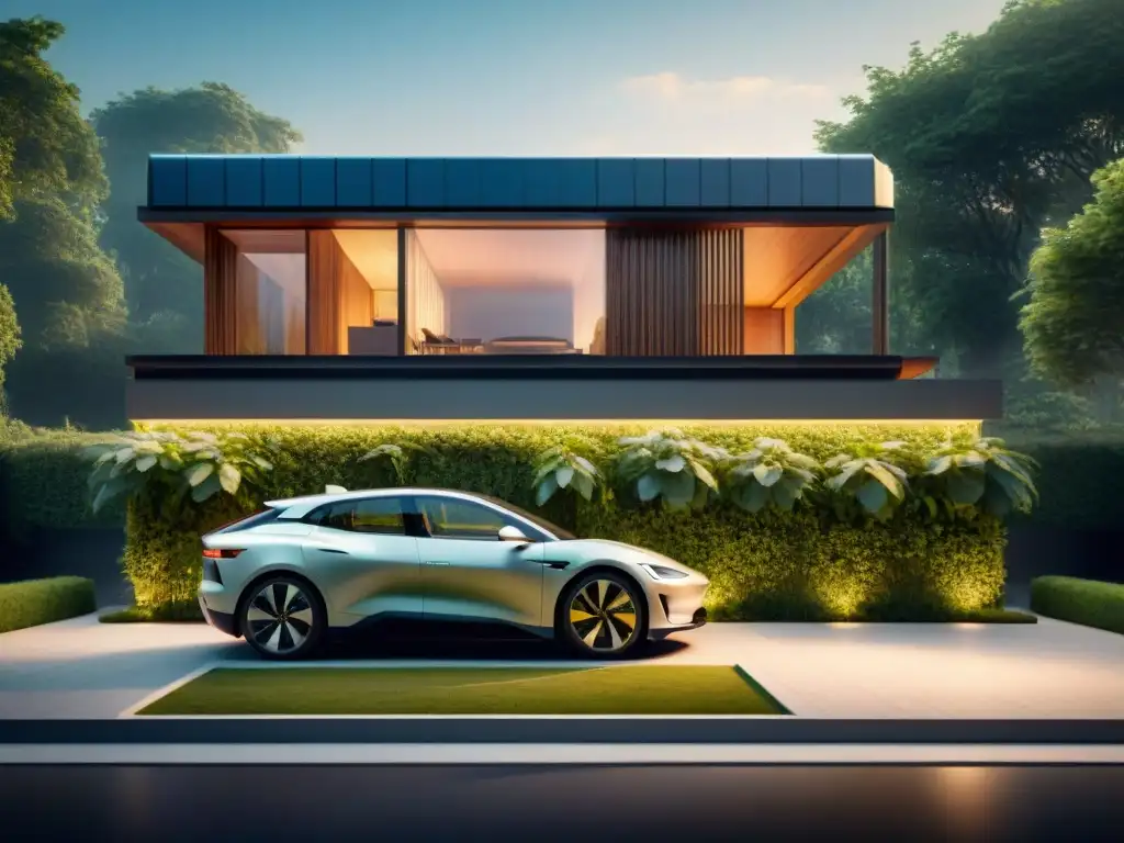 Vivienda ecológica con paneles solares, coche eléctrico y jardín exuberante