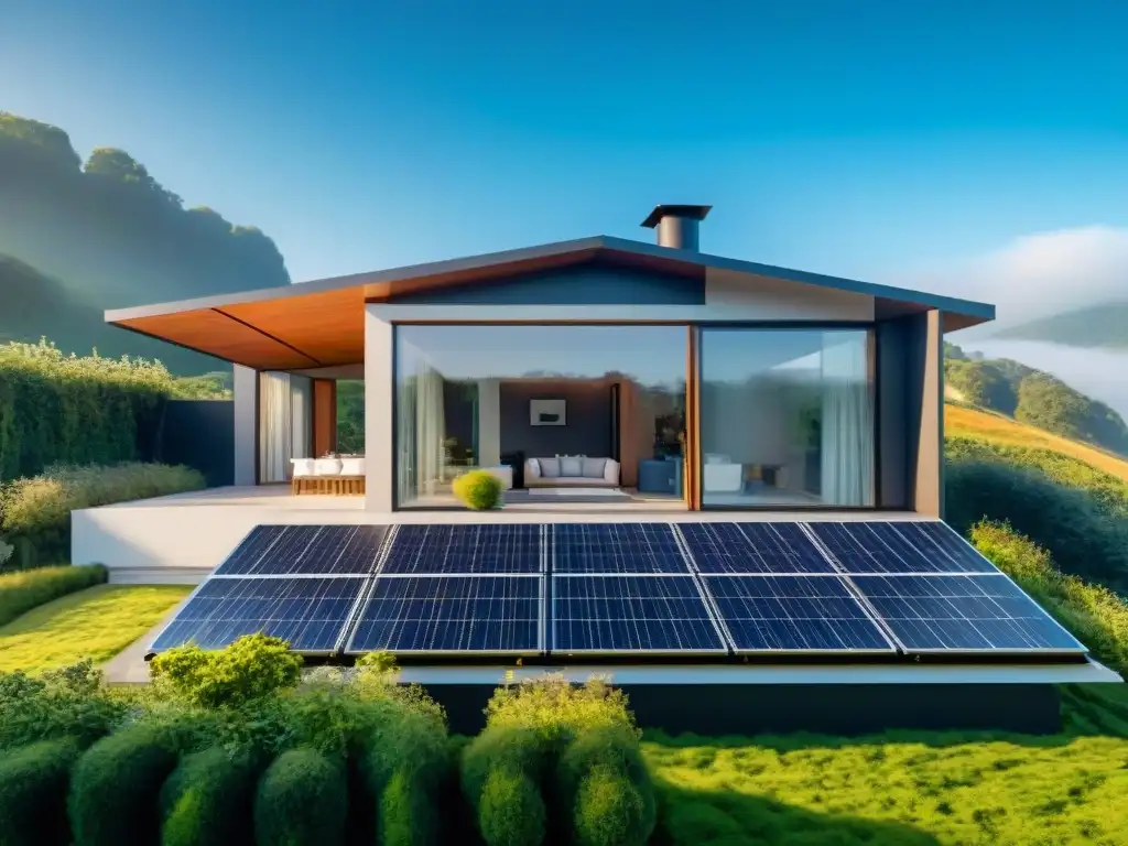 Vivienda ecológica con paneles solares, rodeada de vegetación y cielo azul