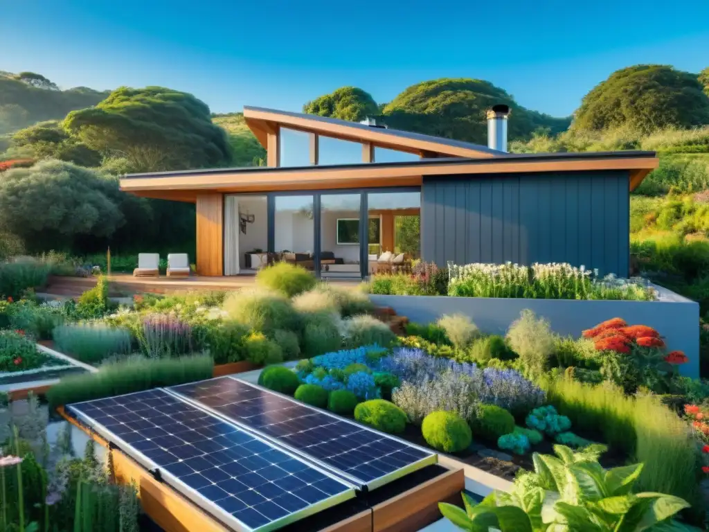 Vivienda ecológica rodeada de naturaleza, paneles solares brillantes y jardín colorido