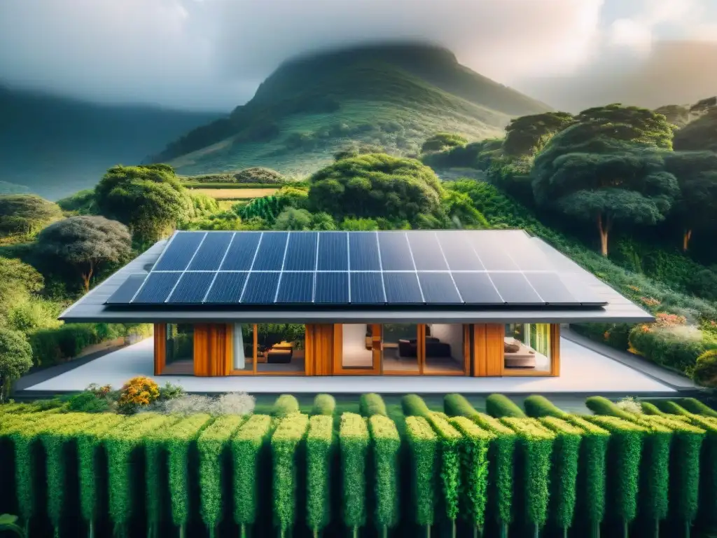 Vivienda ecológica rodeada de naturaleza, paneles solares y jardín vibrante