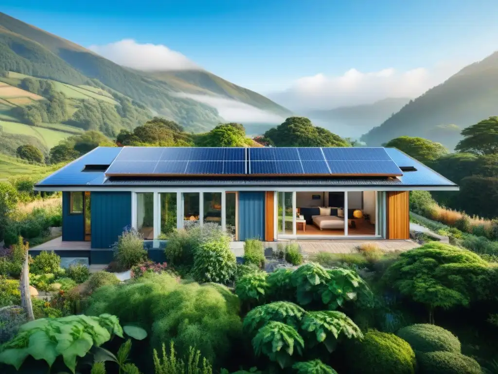 Vivienda ecológica rodeada de naturaleza, paneles solares, jardín vegetal y sistema de recolección de agua