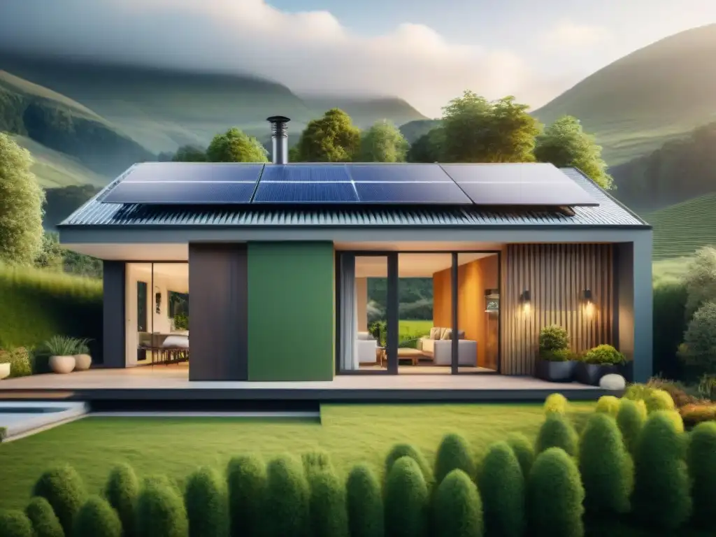 Vivienda energía positiva con huella ecológica: casa moderna con paneles solares, diseño sostenible y naturaleza exuberante